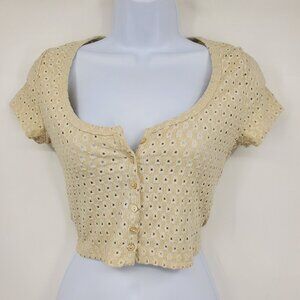 H&M Eyelet Cutout Short Sleeve Cropped Button Front Tan Short Sleeve Top Shirt S